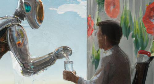 Roboter schenkt ein Glas Wasser ein, das ein Mann im Rollstuhl in den Händen hält