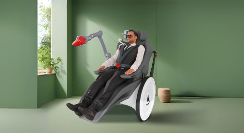 Person im Rollstuhl mit integriertem Greifarm