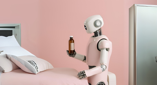 Roboter als Krankenschwester mit Medizinflasche in der Hand