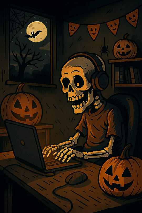 Happy Halloween: Skeleton's Fiery Laptop