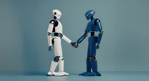 Zwei unterschiedliche Roboter halten sich an den Händen 